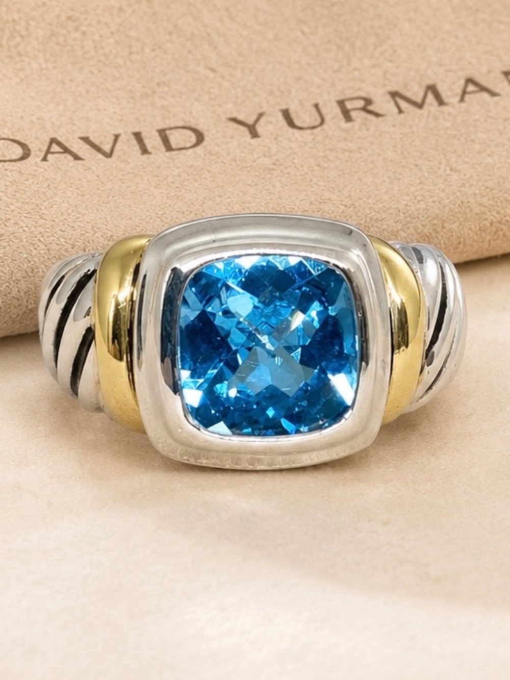 David Yurman Albion Sterling Silver & 14K Yellow Gold Blue Topaz Ring - Size 6